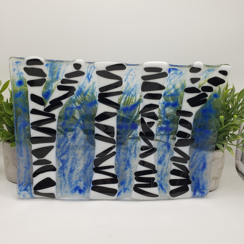 Blue White Black Birch Tree Design Rippled Edge Fused Art Glass Decor or Tray